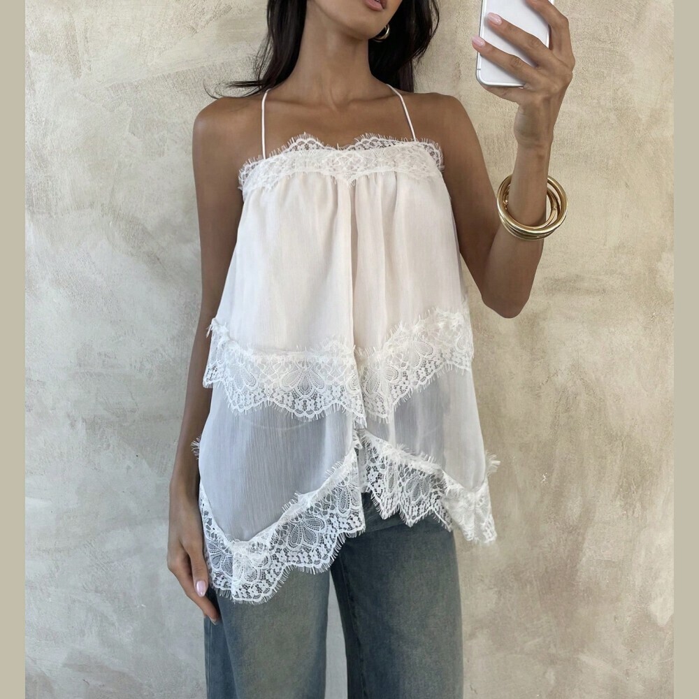 Ivory Lace Trim Tiered Sheer Spaghetti Strap Crop Cami Top